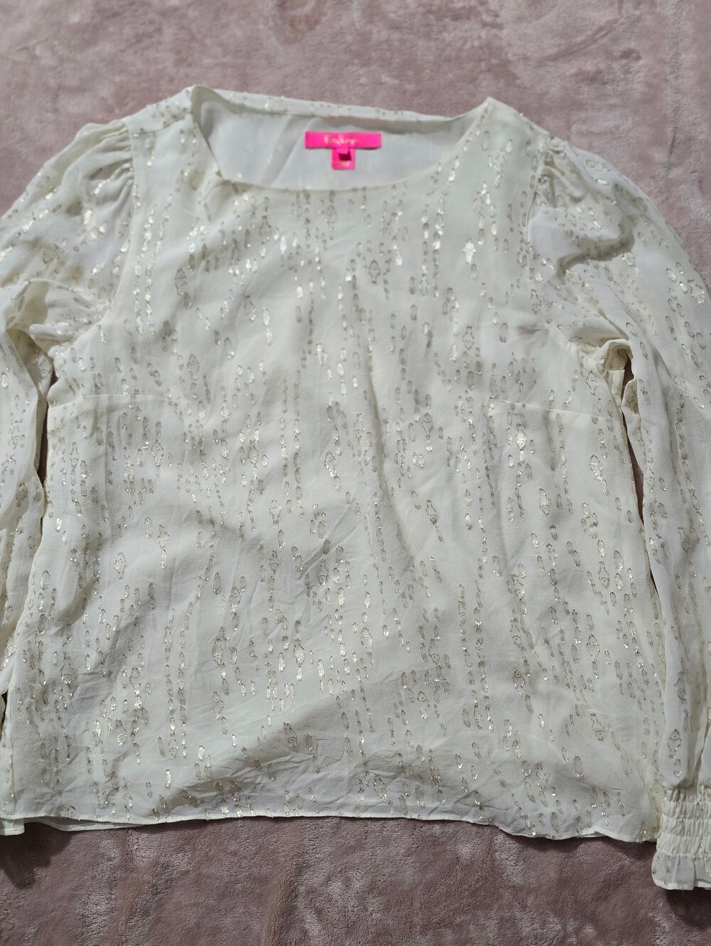 Lilly Pulitzer MIRIAM SILK TOP Coconut METALLIC  Fish Clip CHIFFON gold Blouse